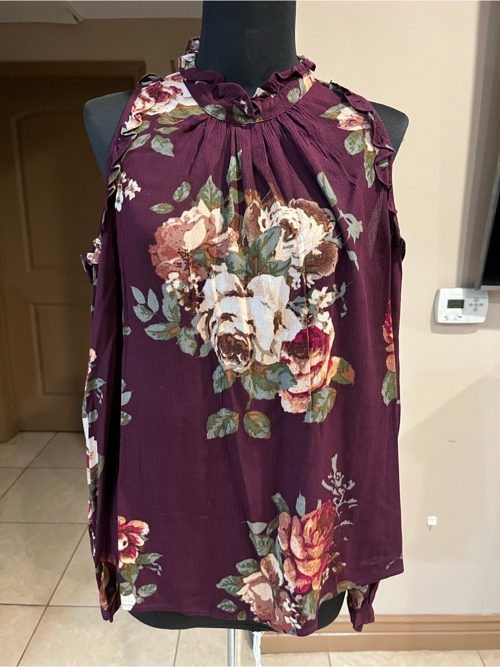 Blu Pepper Burgundy Floral Cold-Shoulder Halter Camisole